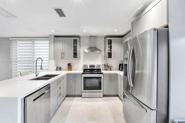 kitchen featuring sink, stainless steel appliances, wall chimney range hood, kitchen peninsula, and gray cabinets