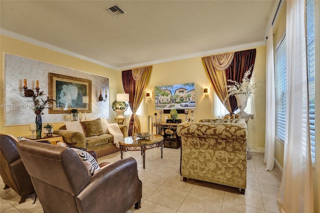 living room with light tile patterned floors and crown molding