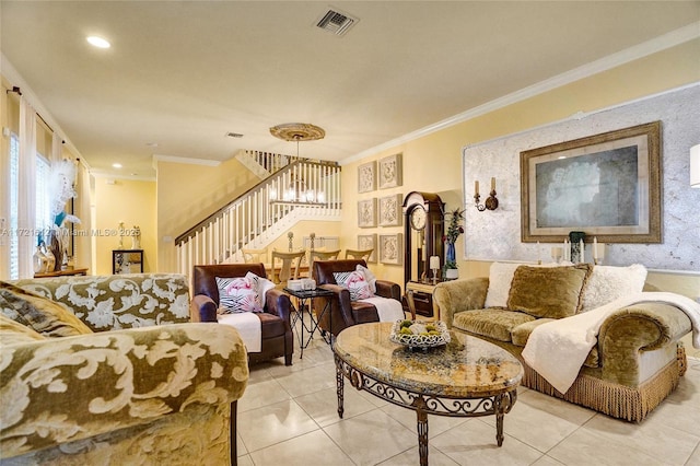 living room featuring a notable chandelier, light tile patterned flooring, and crown molding