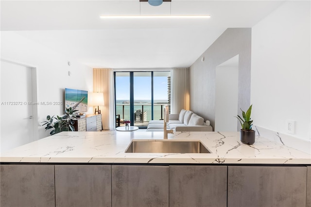 kitchen with expansive windows, light stone countertops, and sink