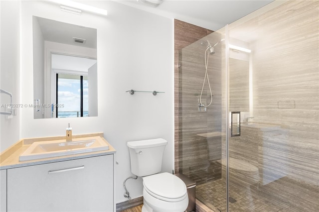 bathroom featuring vanity, toilet, and a shower with door