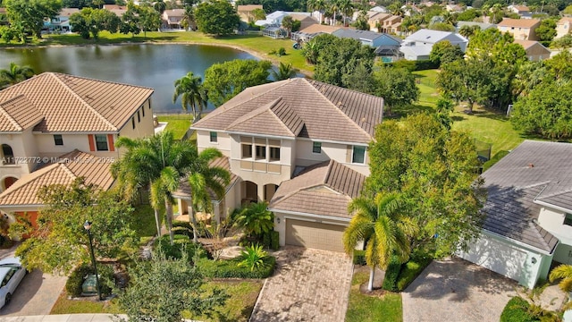 bird's eye view with a water view