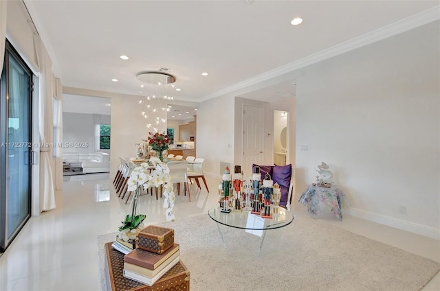 living room with ornamental molding