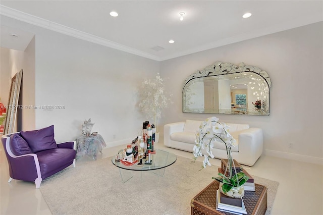 living room featuring crown molding