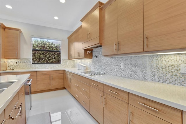 kitchen featuring light tile patterned floors, light brown cabinets, tasteful backsplash, and electric stovetop