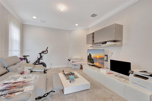 living room featuring light colored carpet and ornamental molding