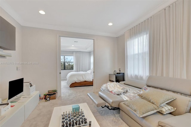 carpeted bedroom featuring crown molding