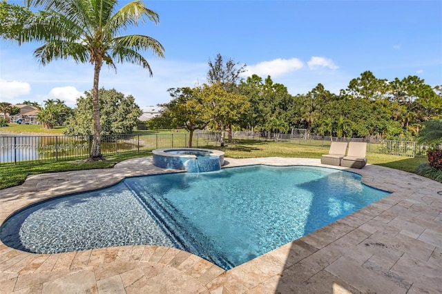 view of pool with a lawn, a water view, an in ground hot tub, and a patio