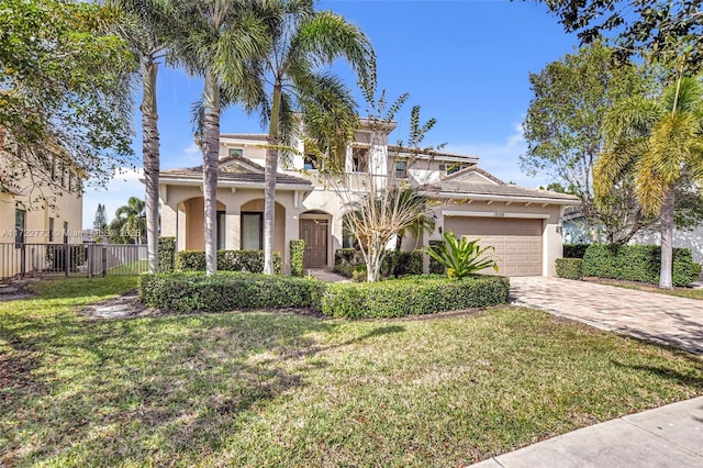 mediterranean / spanish house featuring a garage and a front lawn