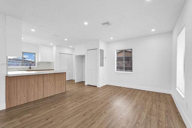 kitchen featuring electric panel, white cabinets, tasteful backsplash, light hardwood / wood-style floors, and kitchen peninsula