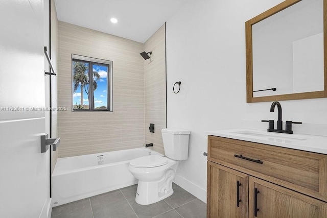 full bathroom featuring tile patterned flooring, vanity, toilet, and tiled shower / bath combo