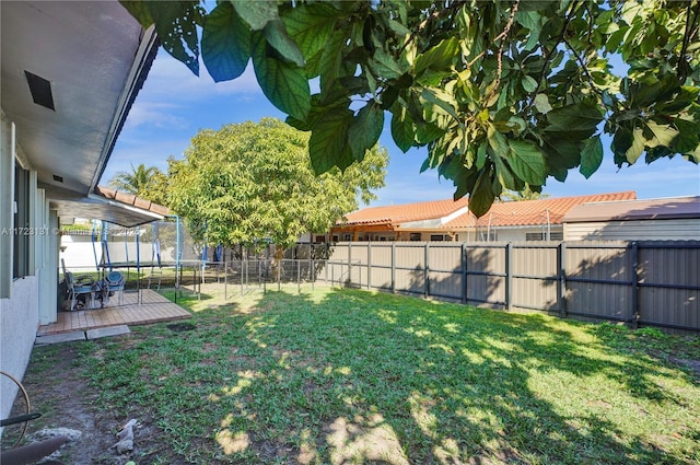 view of yard with a fenced backyard and a trampoline