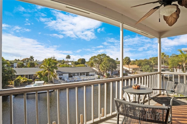 balcony featuring ceiling fan and a water view