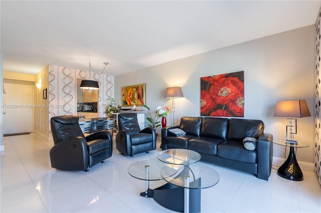 living room featuring light tile patterned flooring