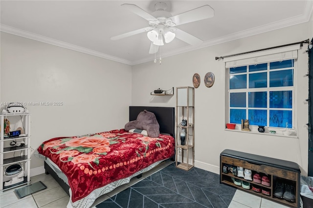 bedroom with tile patterned floors, ceiling fan, and ornamental molding