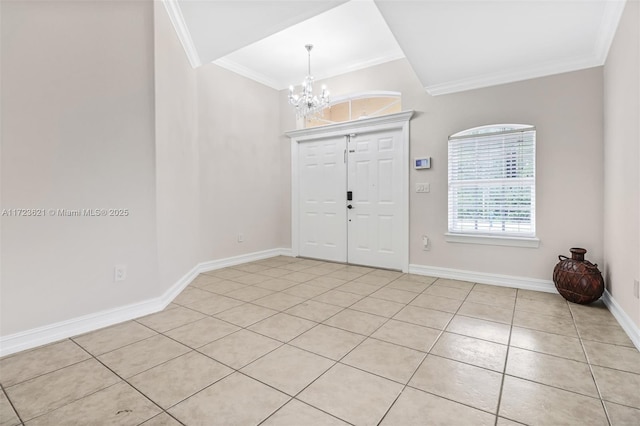 entryway featuring a chandelier, light tile patterned floors, and crown molding