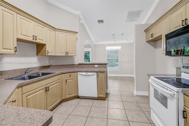 kitchen featuring crown molding, sink, light tile patterned floors, and white appliances