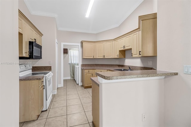 kitchen with white range with electric cooktop, light brown cabinets, light tile patterned floors, and sink