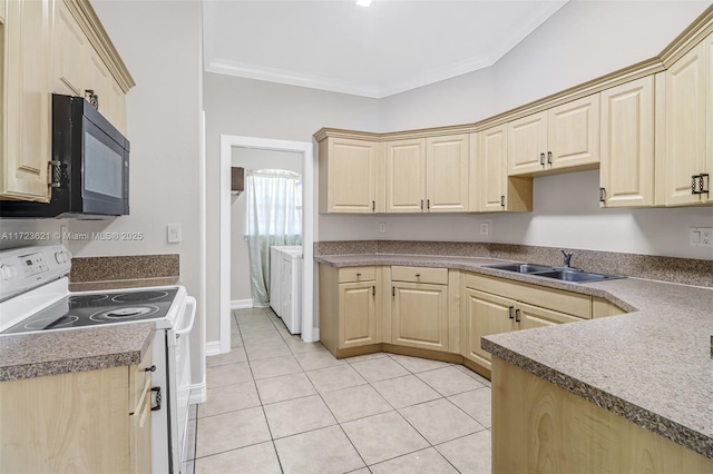 kitchen featuring white electric range oven, crown molding, light tile patterned floors, and sink