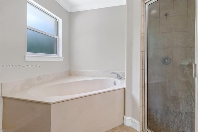 bathroom with separate shower and tub, tile patterned flooring, and ornamental molding