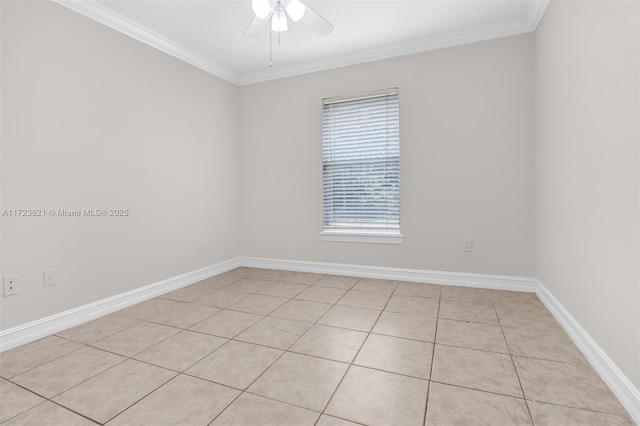 empty room featuring crown molding, light tile patterned floors, and ceiling fan