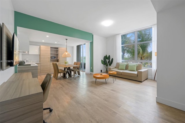 living room with floor to ceiling windows and light hardwood / wood-style floors