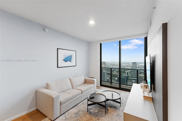 living room with expansive windows and light hardwood / wood-style flooring