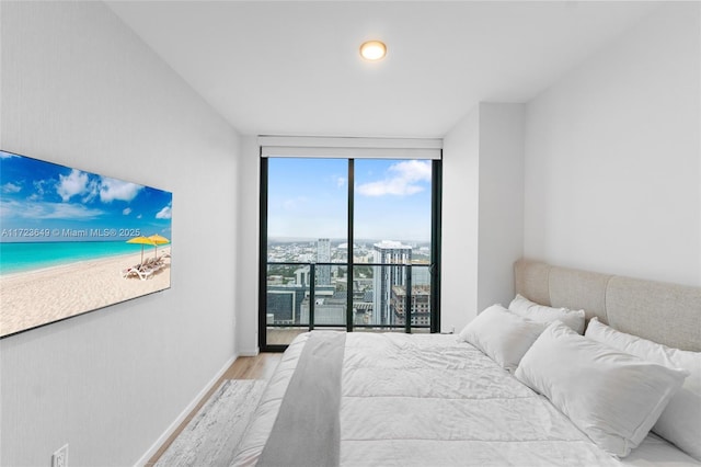 bedroom with floor to ceiling windows and light hardwood / wood-style floors