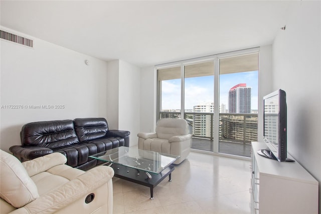 living room with a wall of windows