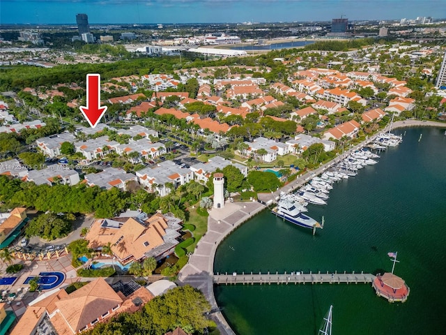 aerial view with a water view and a residential view