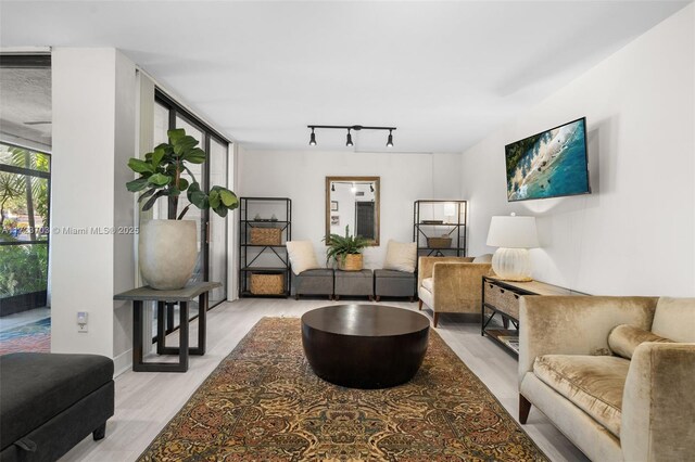 living room featuring wood-type flooring, expansive windows, and track lighting