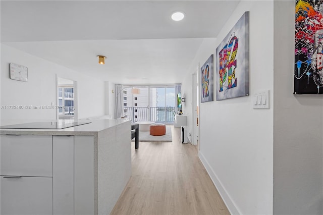 corridor featuring floor to ceiling windows and light hardwood / wood-style flooring