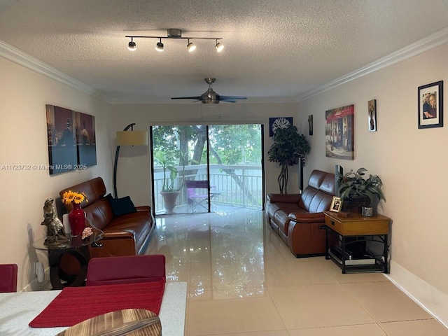 8290 Lake Dr Unit 235, Doral, FL 33166 - living area with a textured ceiling, crown molding, ceiling fan, tile patterned flooring, and baseboards