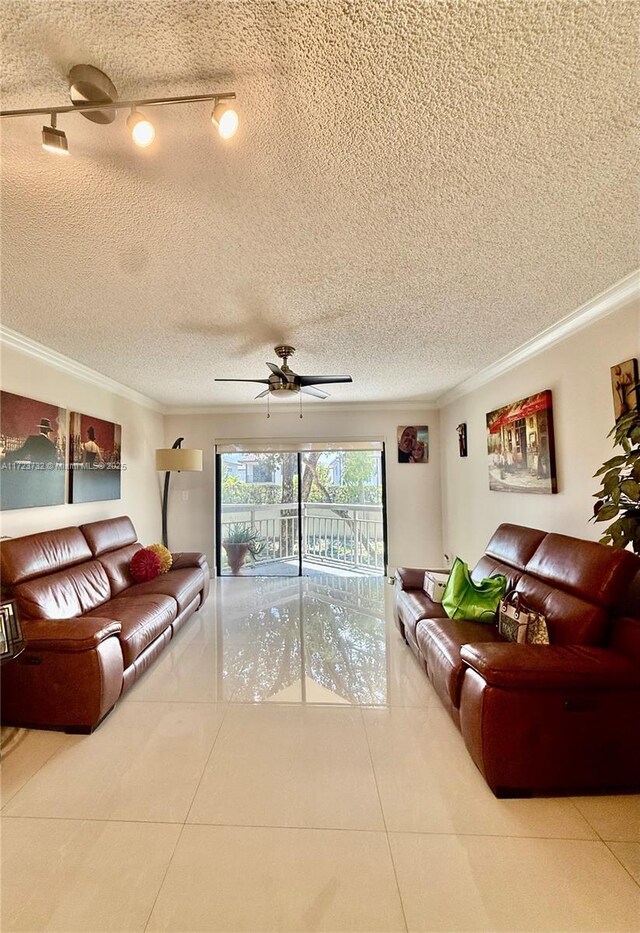 8290 Lake Dr Unit 235, Doral, FL 33166 - living area featuring crown molding, a textured ceiling, tile patterned flooring, and a ceiling fan
