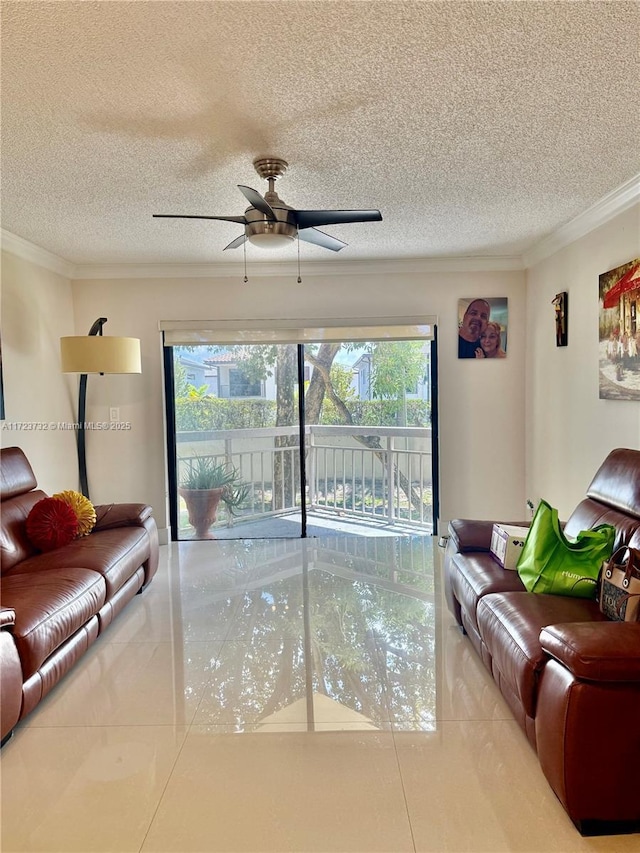 8290 Lake Dr Unit 235, Doral, FL 33166 - tiled living area featuring a textured ceiling, ornamental molding, healthy amount of natural light, and ceiling fan