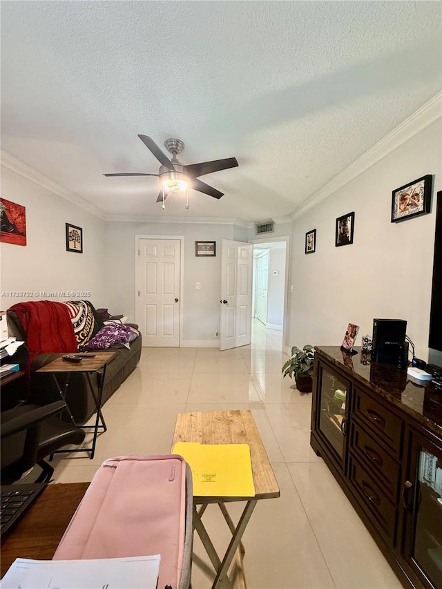 8290 Lake Dr Unit 235, Doral, FL 33166 - living area featuring crown molding, a textured ceiling, ceiling fan, and light tile patterned floors