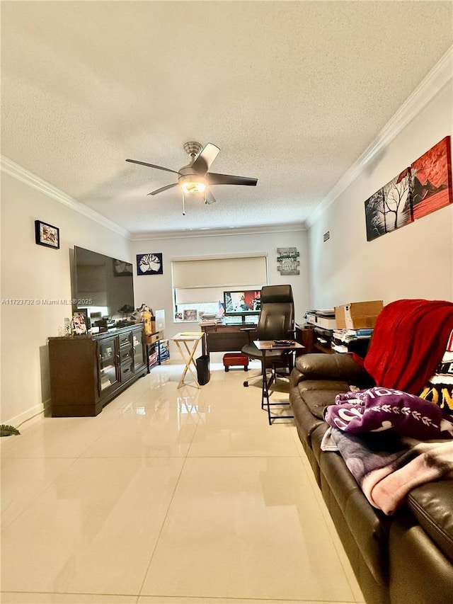 8290 Lake Dr Unit 235, Doral, FL 33166 - tiled living area with crown molding, a textured ceiling, ceiling fan, and a desk