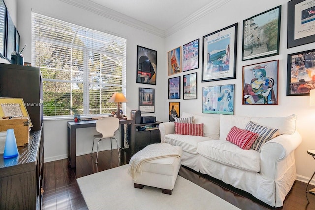 sitting room with dark hardwood / wood-style floors and ornamental molding