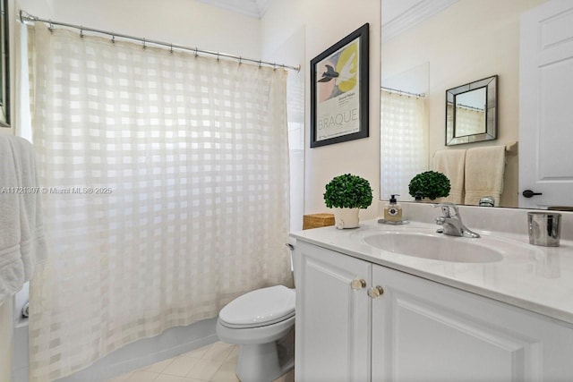 full bathroom with vanity, tile patterned flooring, toilet, shower / bathtub combination with curtain, and ornamental molding