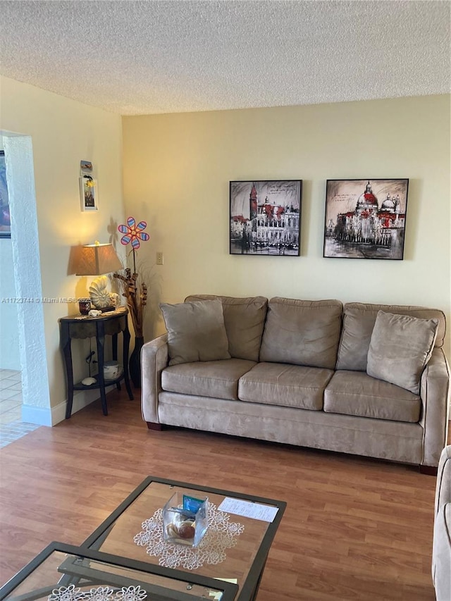 living room with a textured ceiling and hardwood / wood-style floors