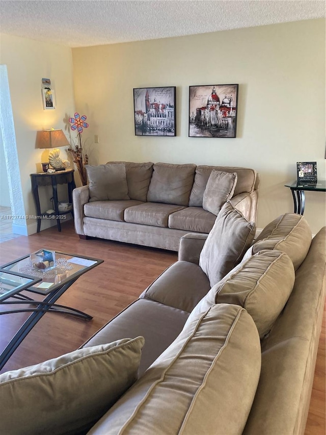 living room with a textured ceiling and hardwood / wood-style floors