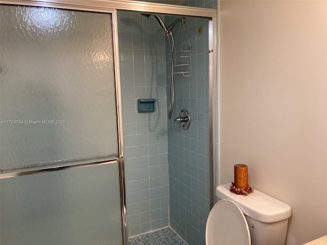 bathroom with toilet and a shower with door