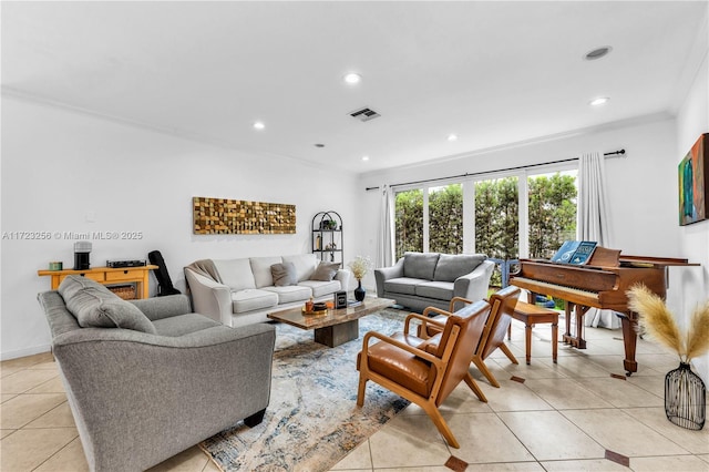 tiled living room with ornamental molding