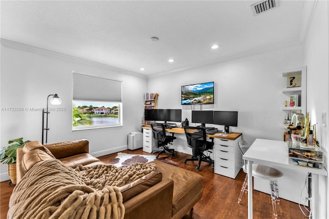 office area featuring dark hardwood / wood-style floors and crown molding