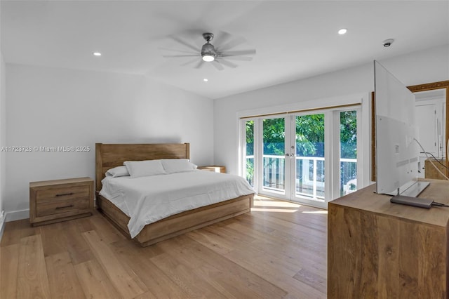 bedroom with ceiling fan, light wood-type flooring, access to outside, and vaulted ceiling