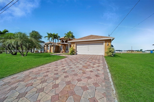 ranch-style house featuring a front yard and a garage