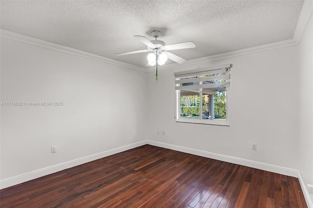 unfurnished room with a textured ceiling, dark wood-type flooring, crown molding, and ceiling fan