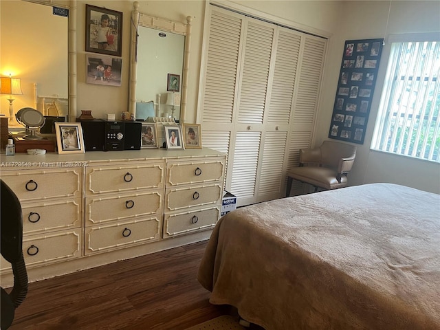 bedroom with a closet and dark hardwood / wood-style floors