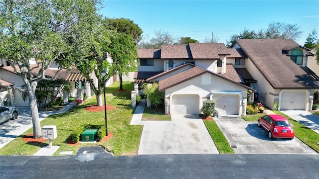 view of front of property featuring a front lawn and a garage