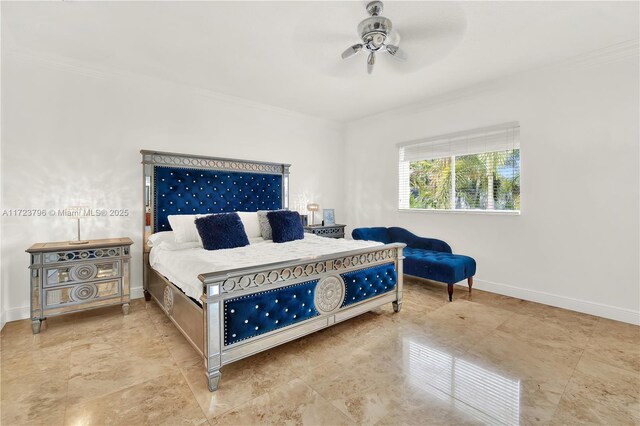 bedroom featuring ceiling fan and ornamental molding